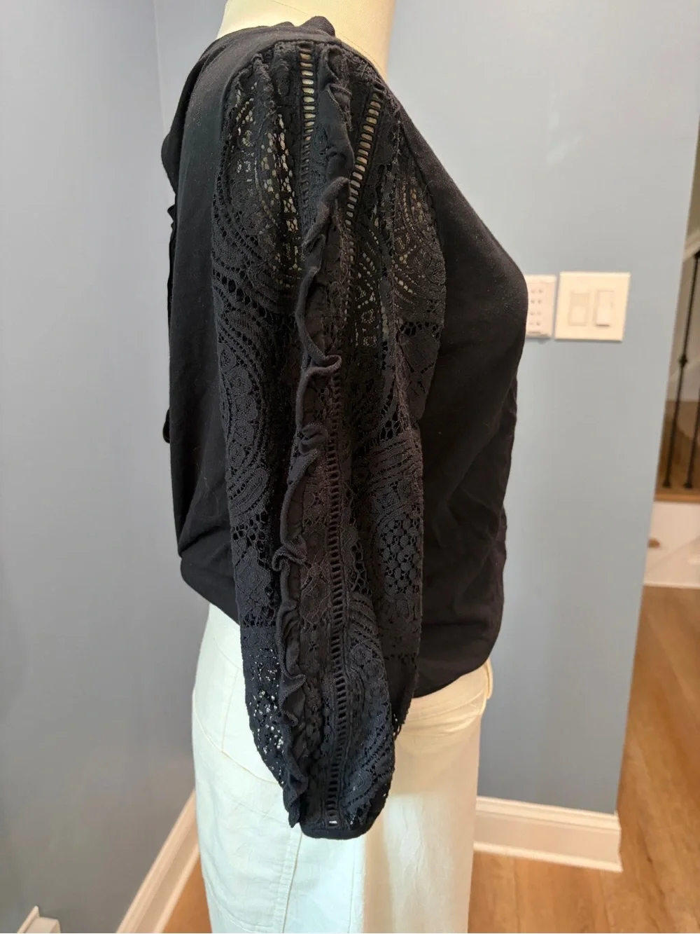 Anthropologie Deletta Black Lace Sleeve Tie Back 100% Cotton Top Medium Boho